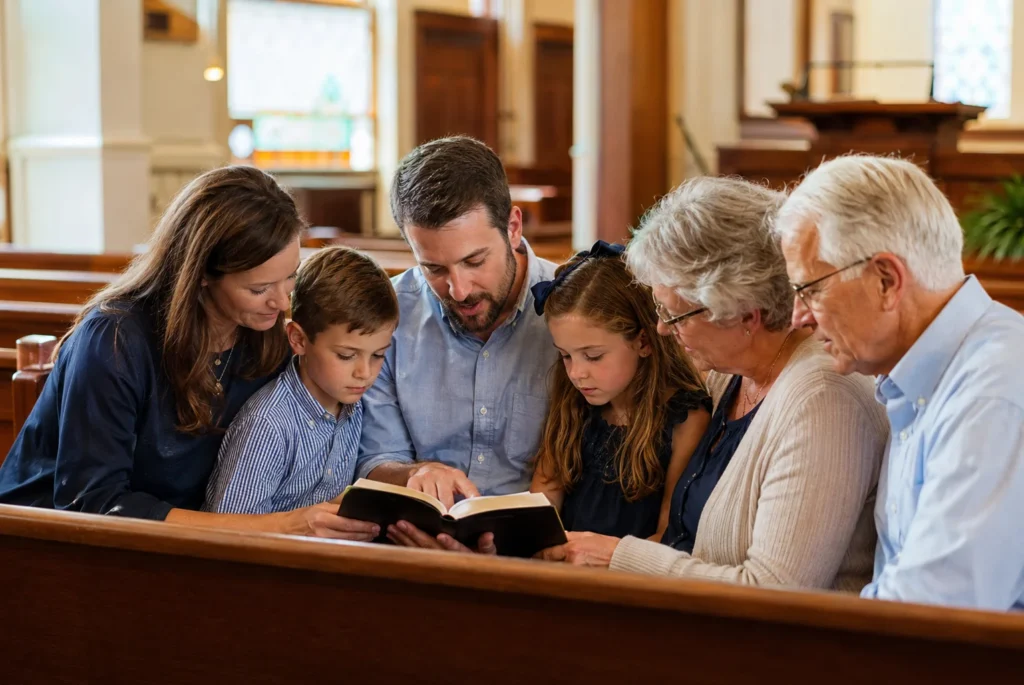 Multi-generational Christian family reading the Bible together in a church sanctuary.
