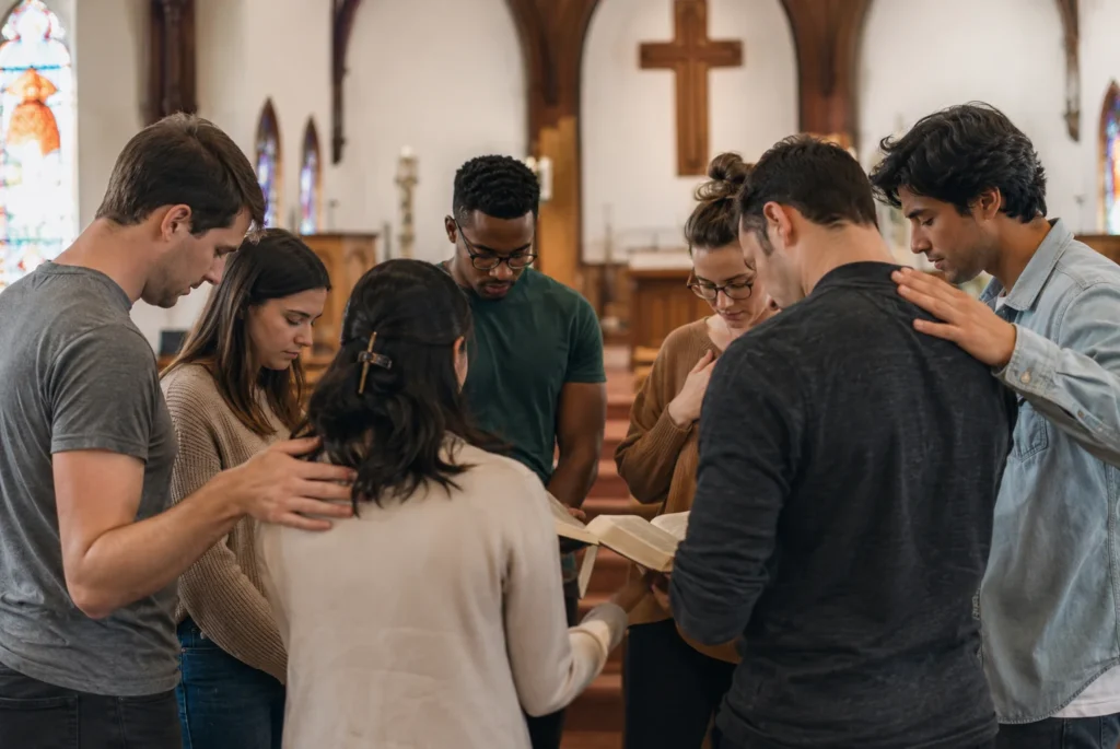 Christian young adults praying together in church sanctuary with open Bibles and fellowship.
