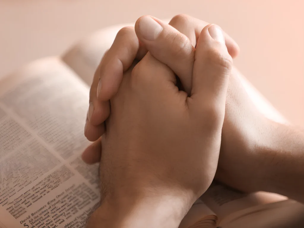 An image showing a person praying with an open Bible, symbolizing faith guiding daily decisions.