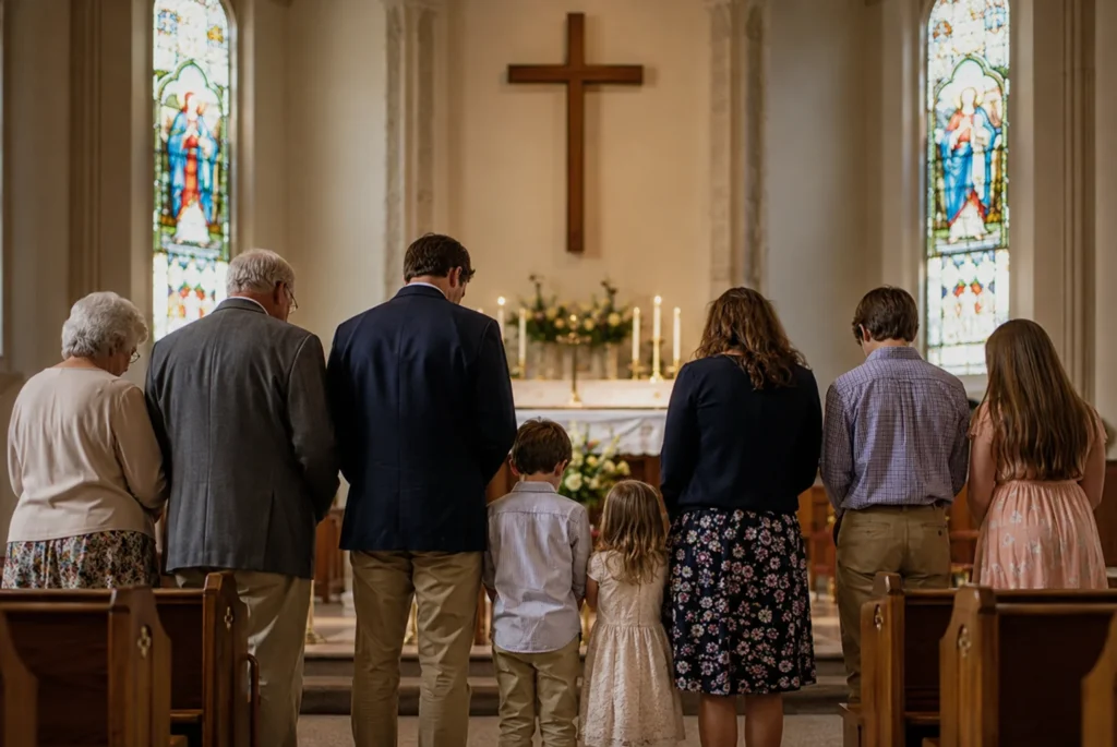 Christian family praying together before church altar across generations.