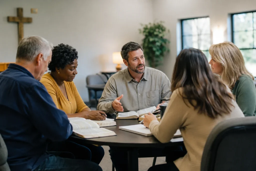 Church small group Bible study discussion with believers gathered around a table.