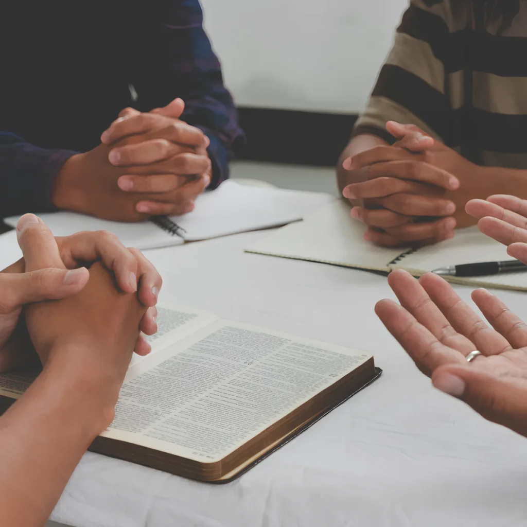 image of a small group of people discussing the Bible.